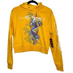 Ed Hardy Japan Dragon Tattoo Pullover Hoodie Sweatshirt Yellow Size Large NWT